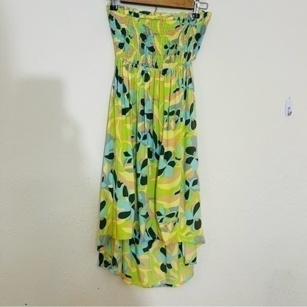 Tra Vida Floral Print Cut Back Spaghetti Strap High Low Dress M Yellow/Green